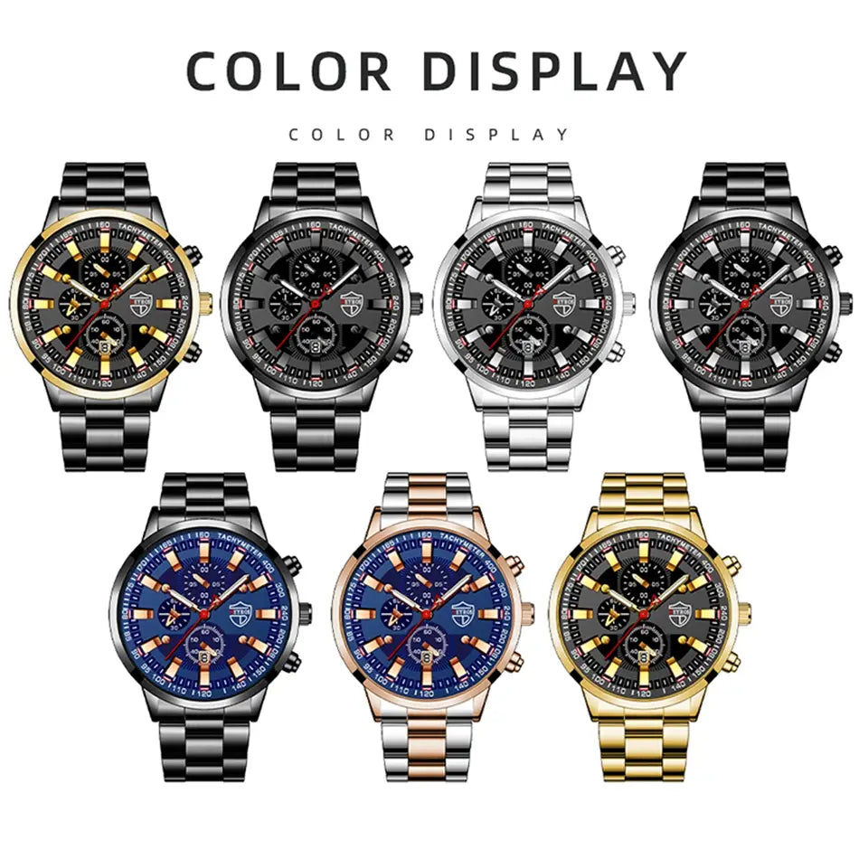 Montre pour homme Deyros en acier inoxydable noir, en quartz, présentant des cadrans de chronographe noirs, argent et or, avec plusieurs compteurs et des accents rouges.