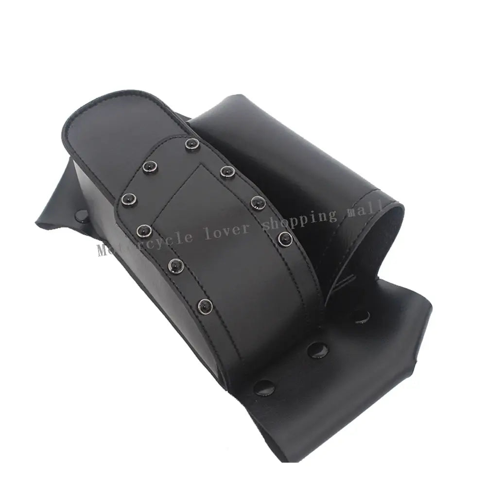 black leather motorcycle glove compartment with silver-toned rivets on the back side of harley touring saddlebag guard bags made of pu leather