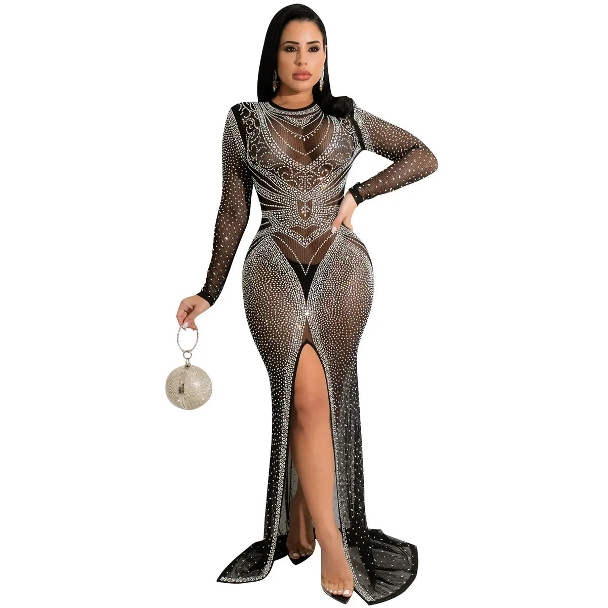 Autumn Winter Fashion Elegant Evening party luxury Long Dress Women's Net Gauze Perspective Long Sleeve Slit Nightclub Dress