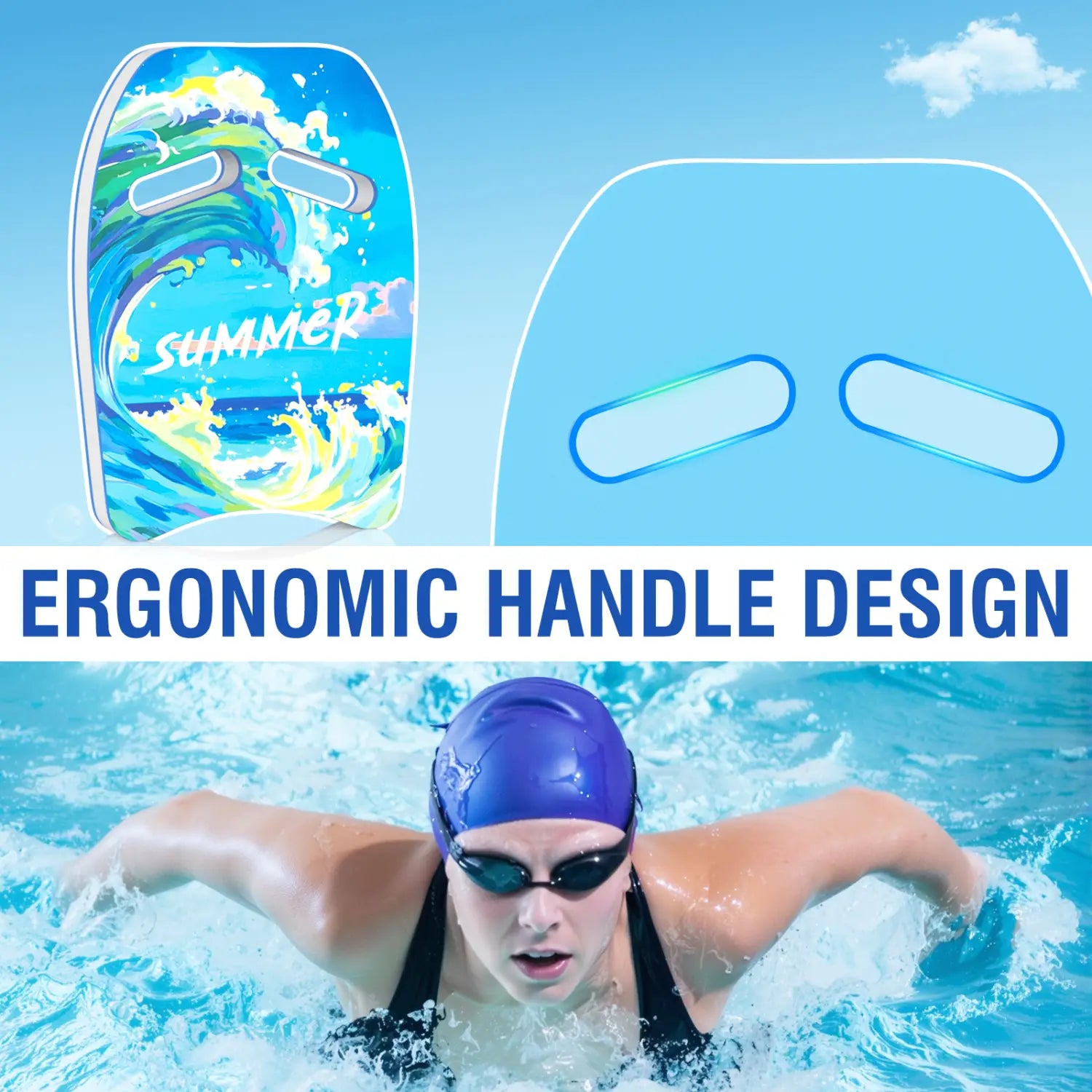 Erwachsenen-Schwimm-Kickboard aus EVA-Schaum für das Training mit einem Surfbrett-ähnlichen Schwimm-„Paddel“ in Blau-Grün mit Wellenmuster und ergonomischem Griffdesign