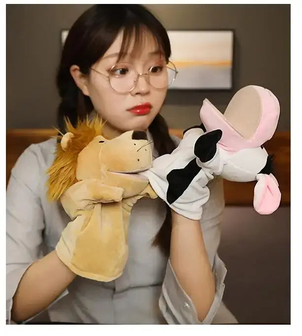 Soft plush tan and white lion and cow toys hand finger puppets with black accents from the educational baby toys lion elephant bunny collection.