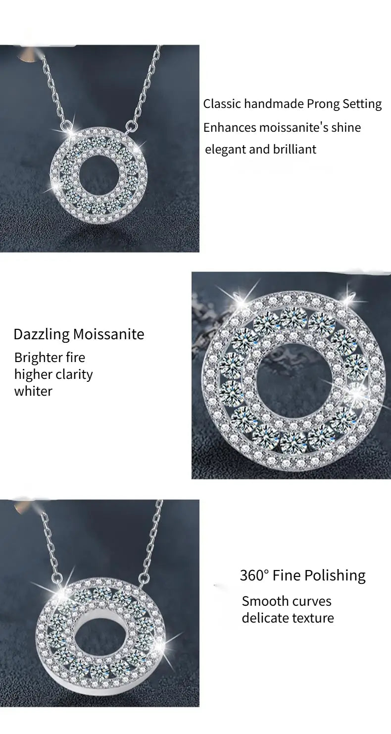 Collar con colgante de halo de moissanita de plata con un diseño circular brillante, que presenta piedras de moissanita engastadas con garras en disposiciones concéntricas intrincadas.