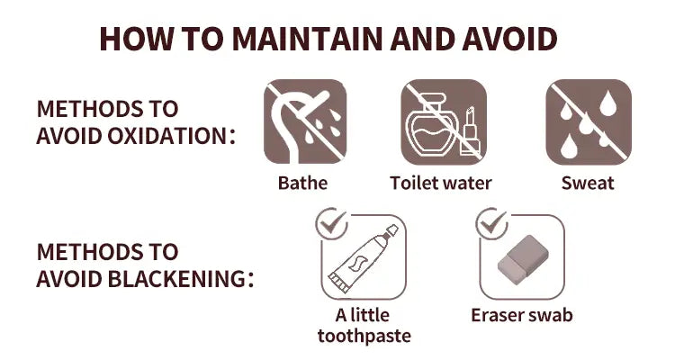 The image displays a guide with instructional icons and text on how to avoid oxidation and blackening for maintaining the 925 silver cat zirconia jewelry set.