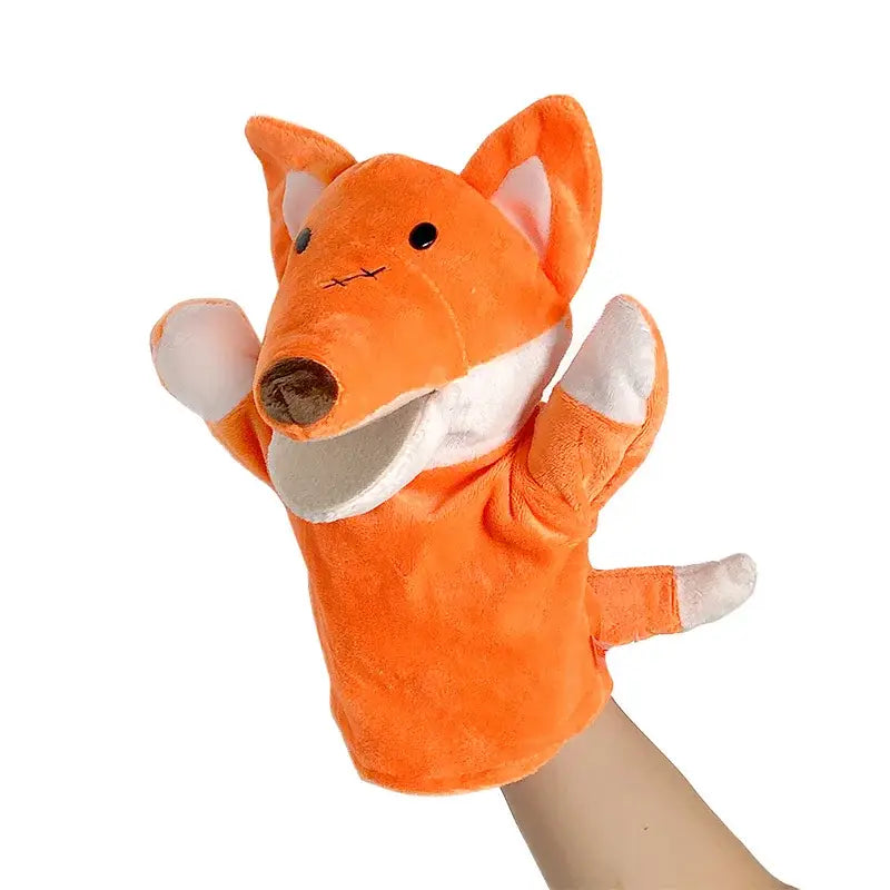 Orange plush fox hand puppet with white accents on ears paws and muzzle featured in educational baby toys including lion elephant bunny toys hand finger puppets.