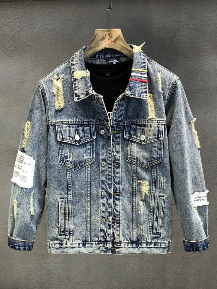Men Vintage Embroidery Denim Jacket with Distressed Chic Casual Cowboy Fashionable Slim Fit Spring Autumn Youth Jeans Coat