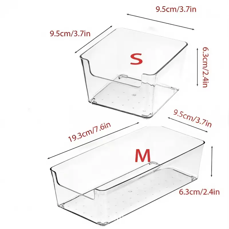 Organizador de maquillaje de plástico transparente con cajones y recipientes de almacenamiento, en tamaños pequeños y medianos, fabricados en plástico transparente para un almacenamiento eficiente de cosméticos.
