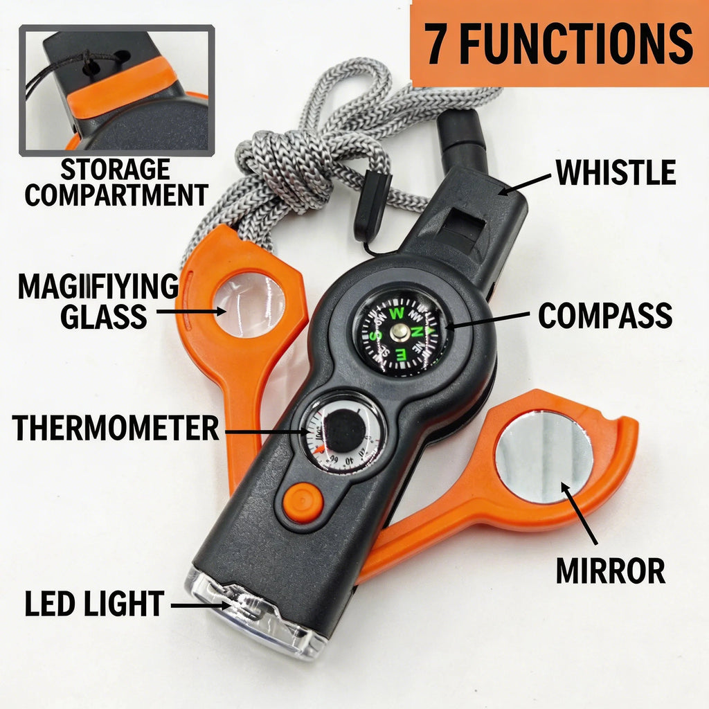 Camping Hiking 7in1 Outdoor Multifunctional Survival Whistle Flashlight Compass Thermometer Magnifier Reflector Glass Magnifying