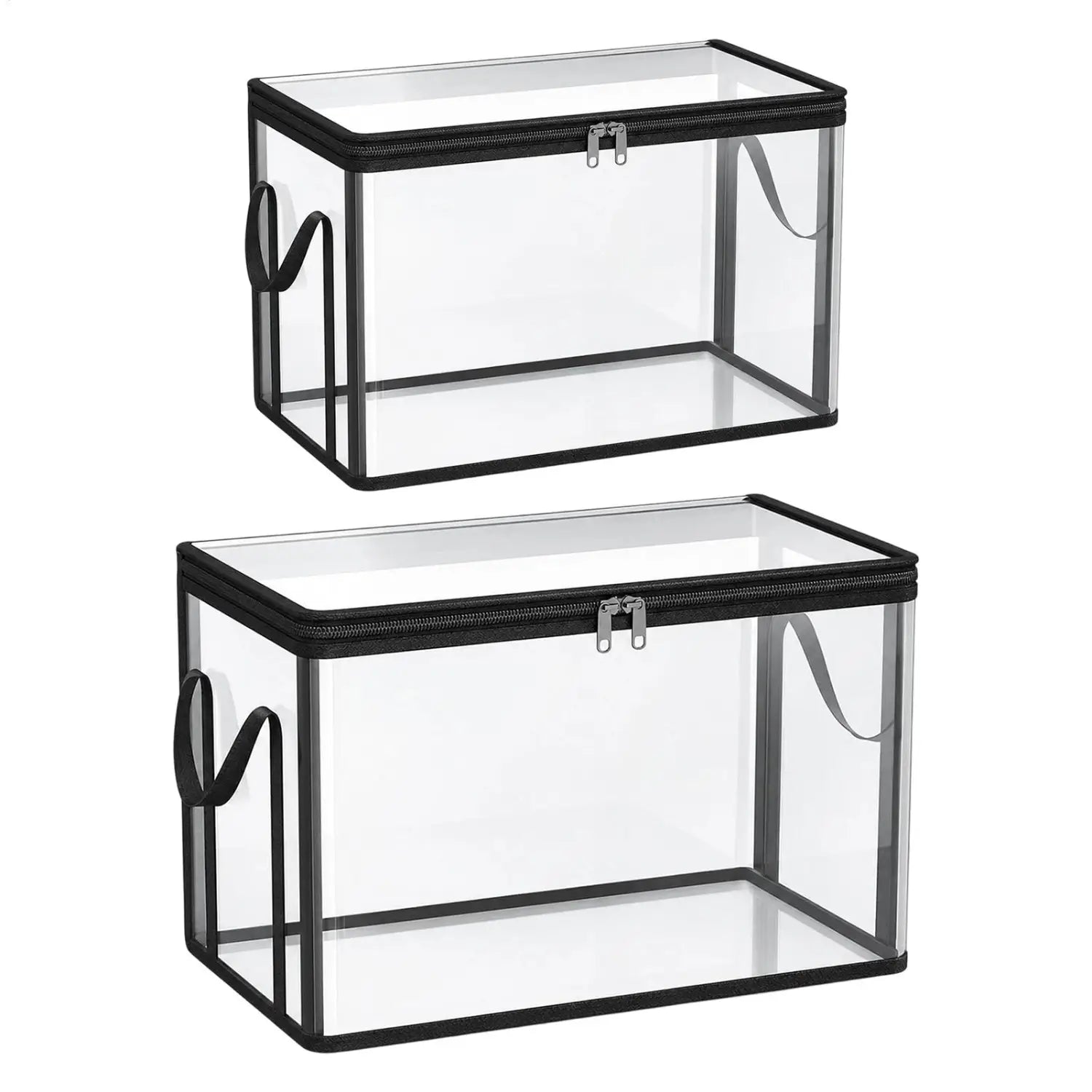 bacs de rangement en PVC transparent rectangulaires et transparents, empilables, avec fermetures éclair noires et poignées, conçus pour simplifier l’organisation et offrir des solutions de rangement empilables.