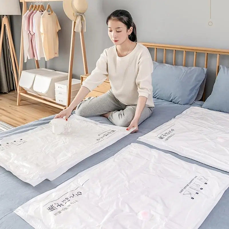 bolsas de almacenamiento al vacío de plástico blanco hechas de material compuesto pa+pe con instrucciones impresas y una pequeña válvula rosa, para ahorrar espacio