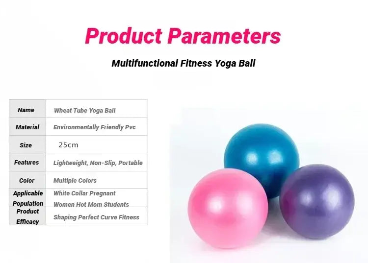 Trois balles de yoga en PVC brillantes et colorées, roses, bleues et violettes, de 25 cm, pour les exercices de gymnastique, fitness Pilates, l’équilibre et le gainage en intérieur.