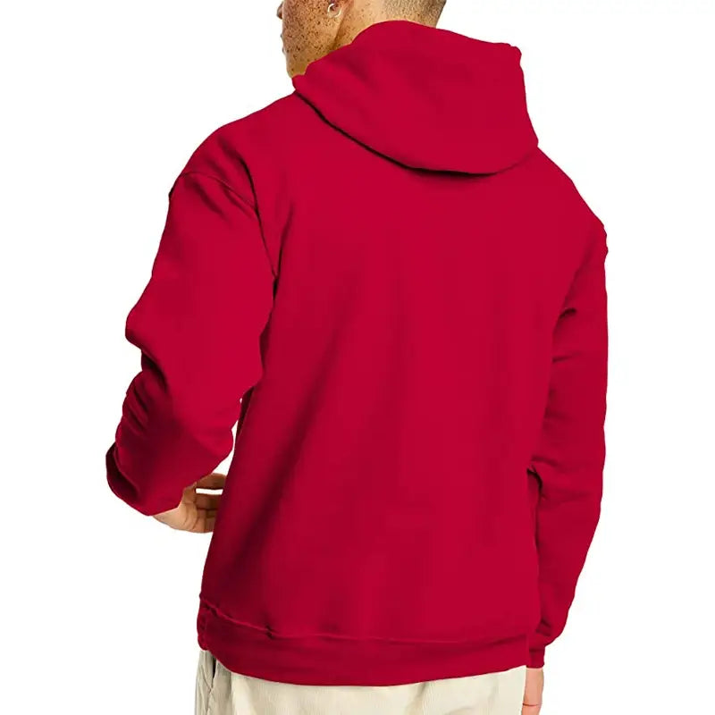 Herren-übergroßer Fleece-Pullover mit Kapuze in kräftigem Rot mit weicher, fleeceartiger Struktur und klassischem Design.