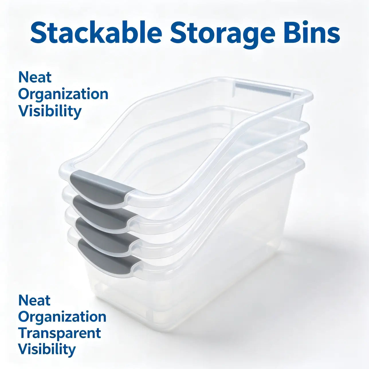 Clear plastic storage box set featuring stackable storage bins with gray handles and lids.