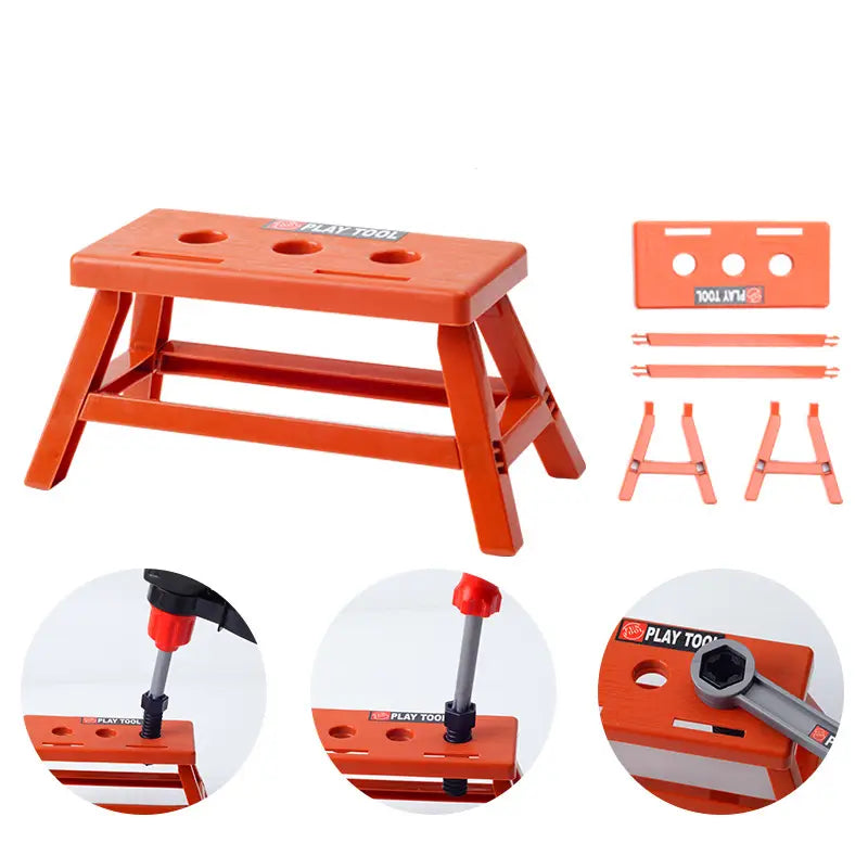 ensemble de jouets d’outils pour enfants orange, avec perceuse électrique et établi, comprenant des composants d’outils fixés et une mention de jeu pour les outils.
