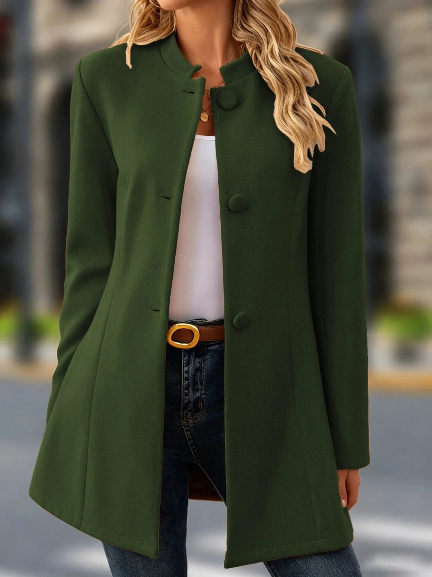 dark green tailored wool blend coat with a mandarin collar and three large buttons down the front for outerwear use.