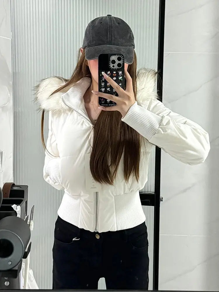 Autumn & Winter High-Waisted Cropped Jacket Sweet Warm Cotton Padded Coat Women Fur Collar Hooded Jacket Y2k Parkas Streetwear