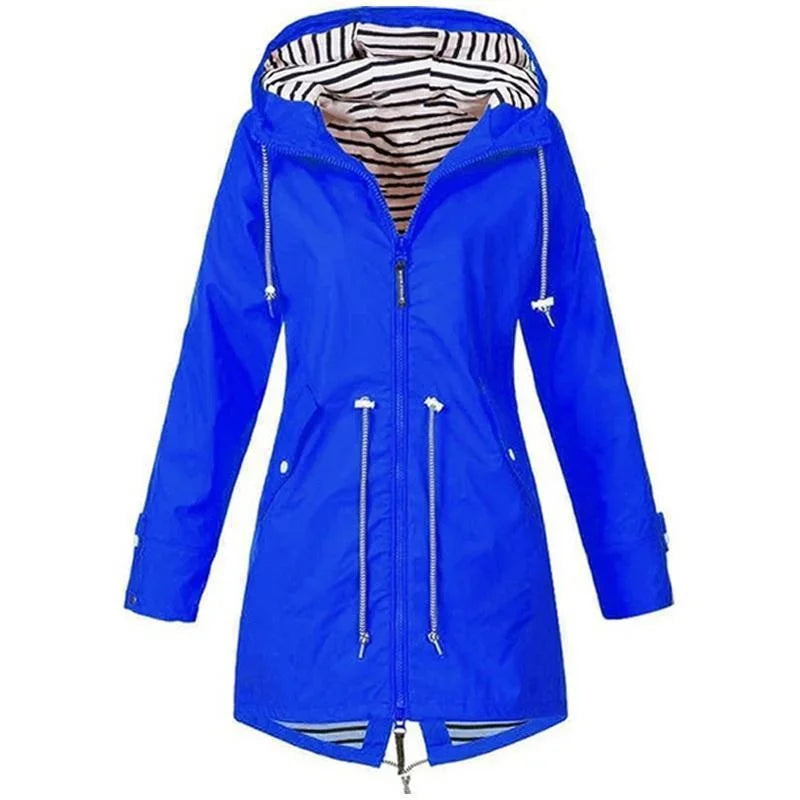 Women's Lightweight Waterproof Raincoat Ideal for Casual Outdoor Hikes Trench Style with Drawstring