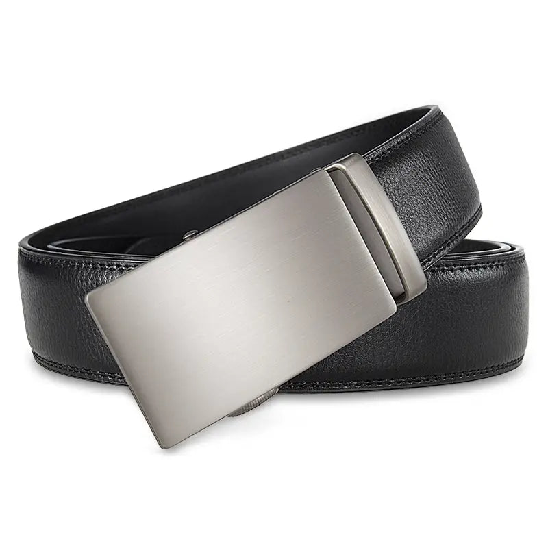 Black leather ratchet belt for men with an adjustable automatic silver-toned rectangular buckle.