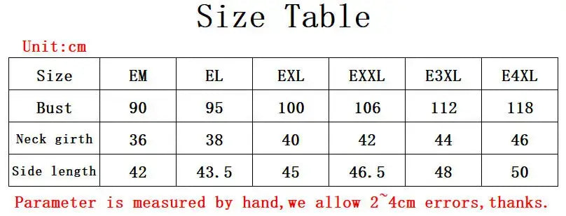 Tabla de tallas para camiseta sin mangas de apariencia húmeda de PVC para hombre, que muestra las medidas de contorno de busto, contorno de cuello y longitud lateral en centímetros para las tallas de em a e4xl.