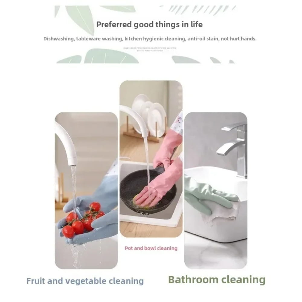 Waterproof cleaning gloves with panda cuffs in pink blue and green rubber for kitchen and bathroom cleaning tasks.
