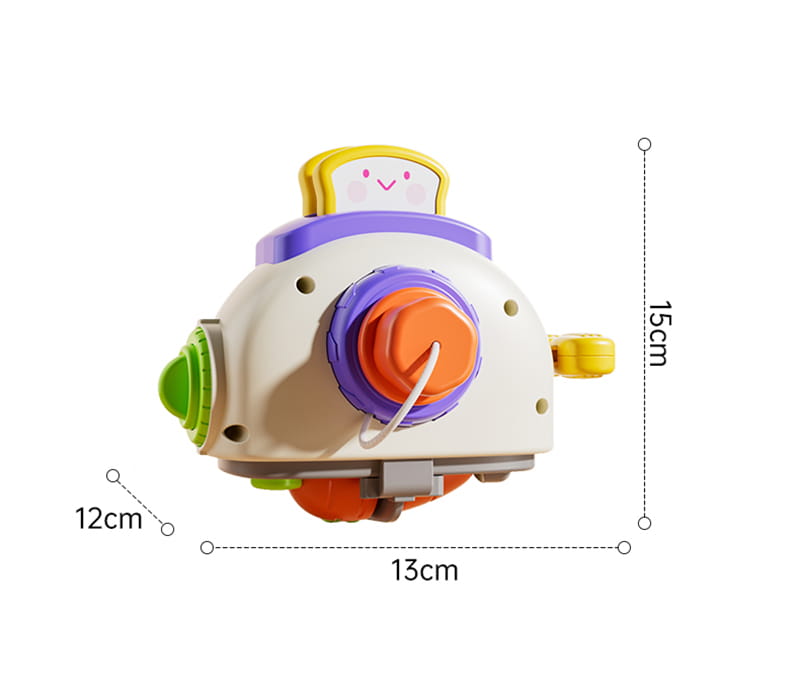 Jouet de voyage cube d’occupation Montessori crème et ludique, en forme de sous-marin jouet, comportant un cadran circulaire violet et orange, des ailerons latéraux verts, une pièce supérieure jaune de type périscope avec un visage souriant, et une petite poignée jaune sur son côté droit.