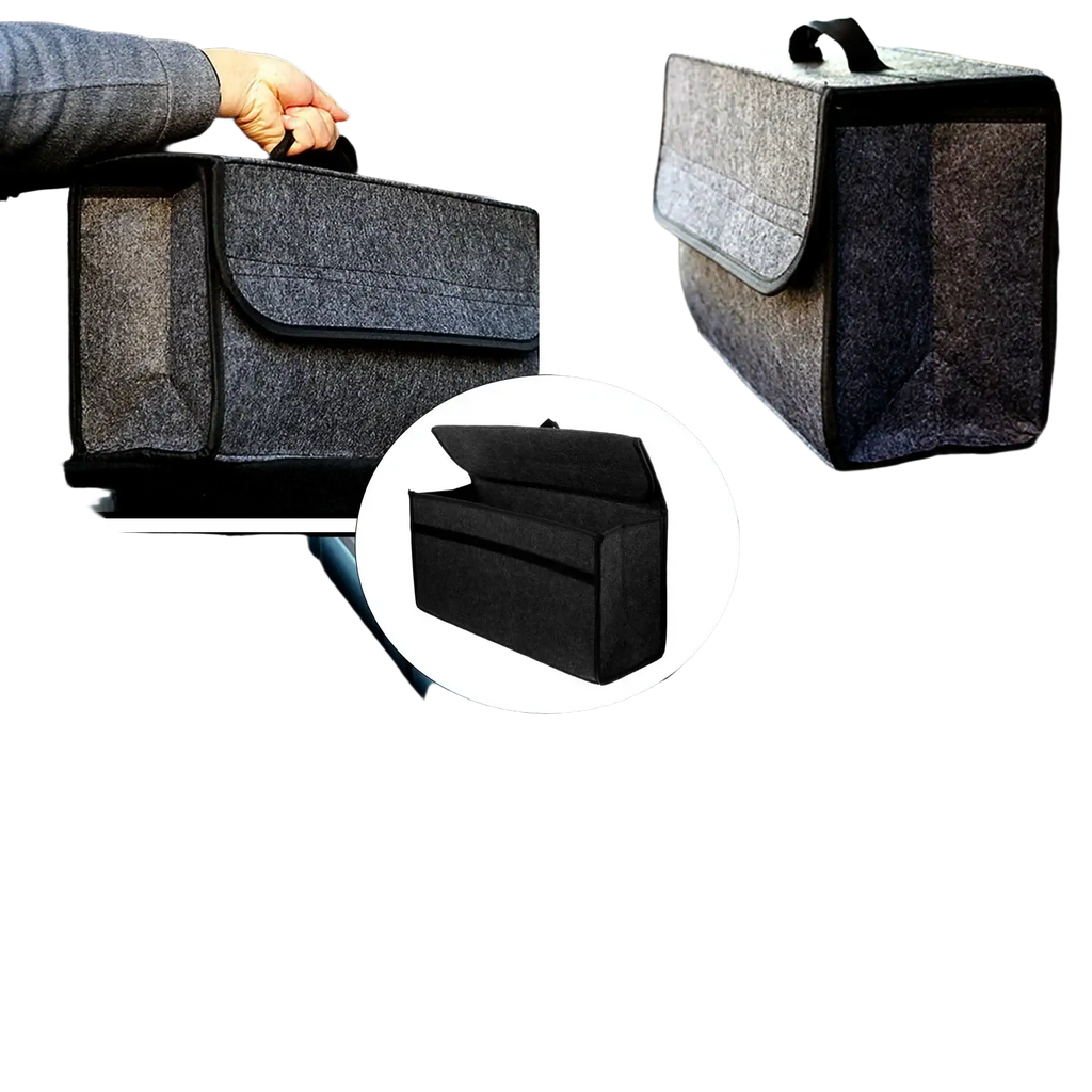 Dark gray felt storage bag car trunk organizer with black trim and top handle 50cm x 24cm size