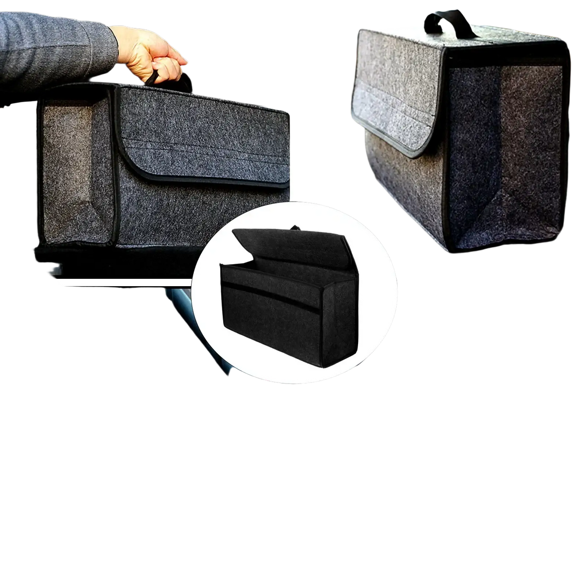 Dark gray felt storage bag car trunk organizer with black trim and top handle 50cm x 24cm size
