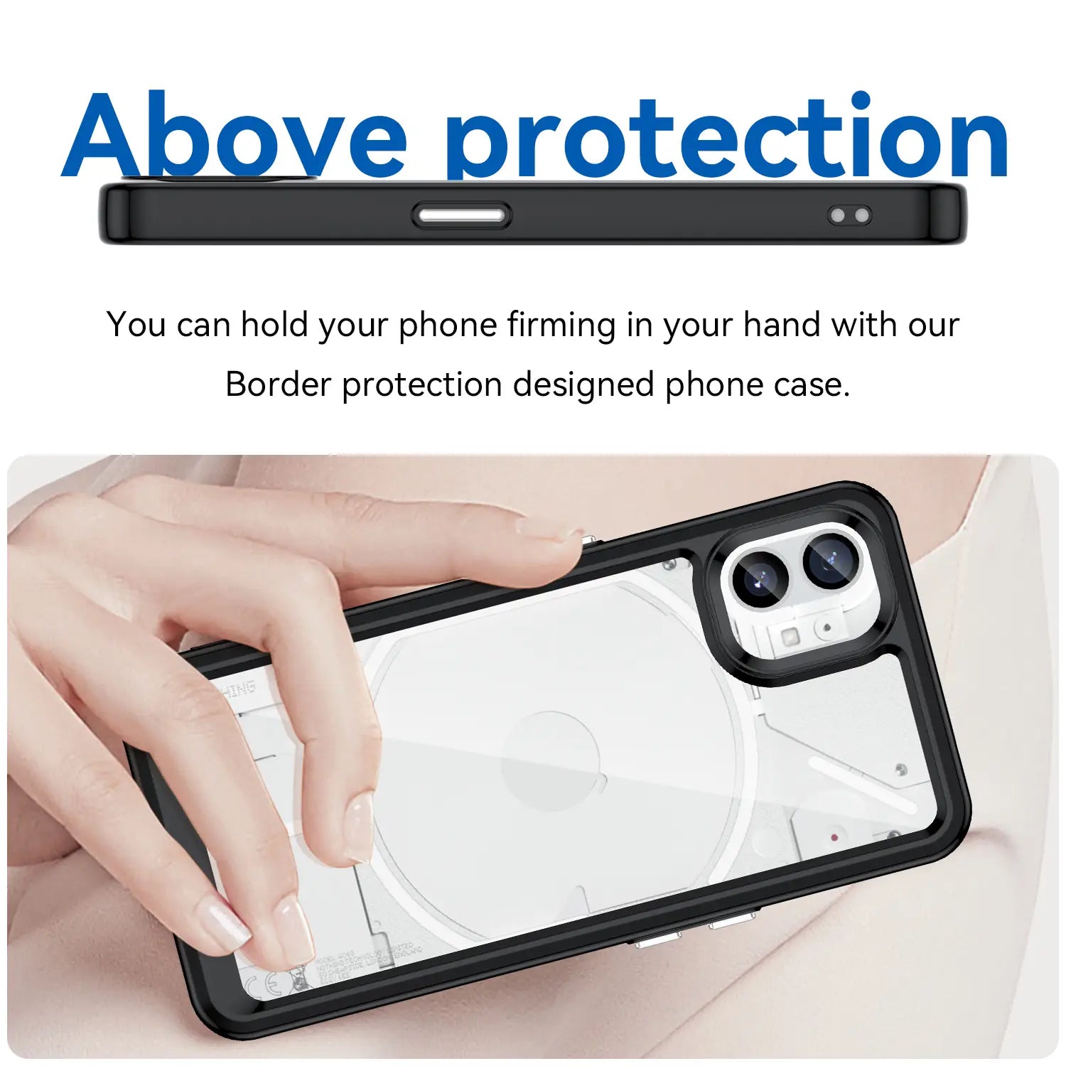 arrière d’une coque de protection avec bordure noire, dos transparent rose et découpe pour l’appareil photo pour Nothing Phone 1.