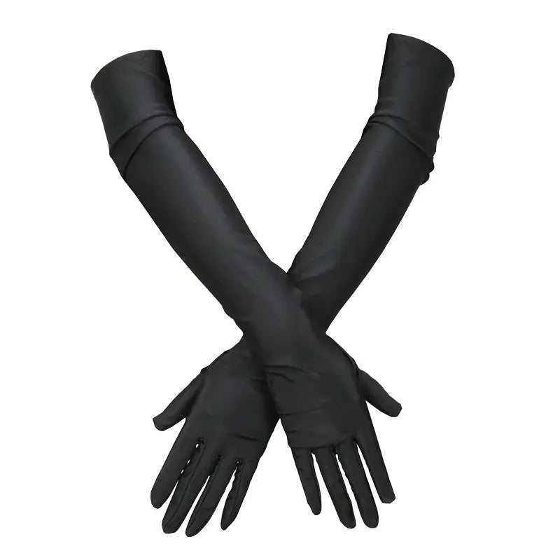 Guantes largos de ópera de satén negro para mujer, con un acabado liso tipo satén y mangas largas.