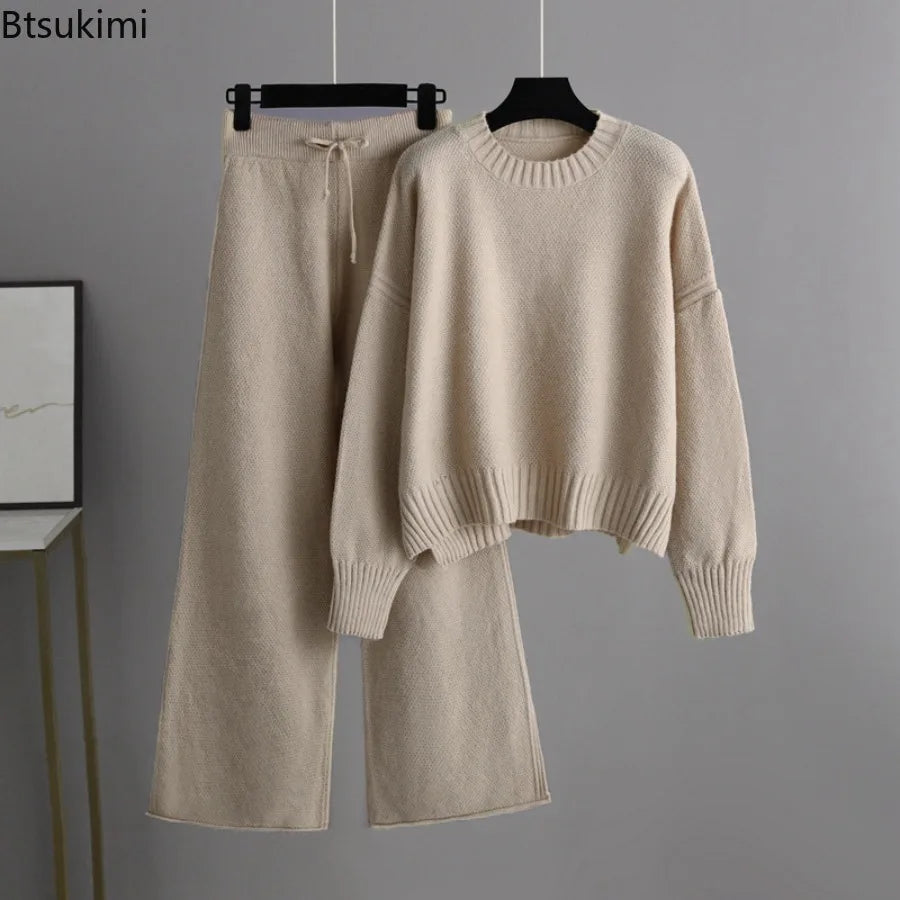 Winter Thick Knitted 2 Piece Sets Women Half Turtleneck Knitwears Sweater Loose Pullover Tops High Waist Wide-leg Pants Outfit