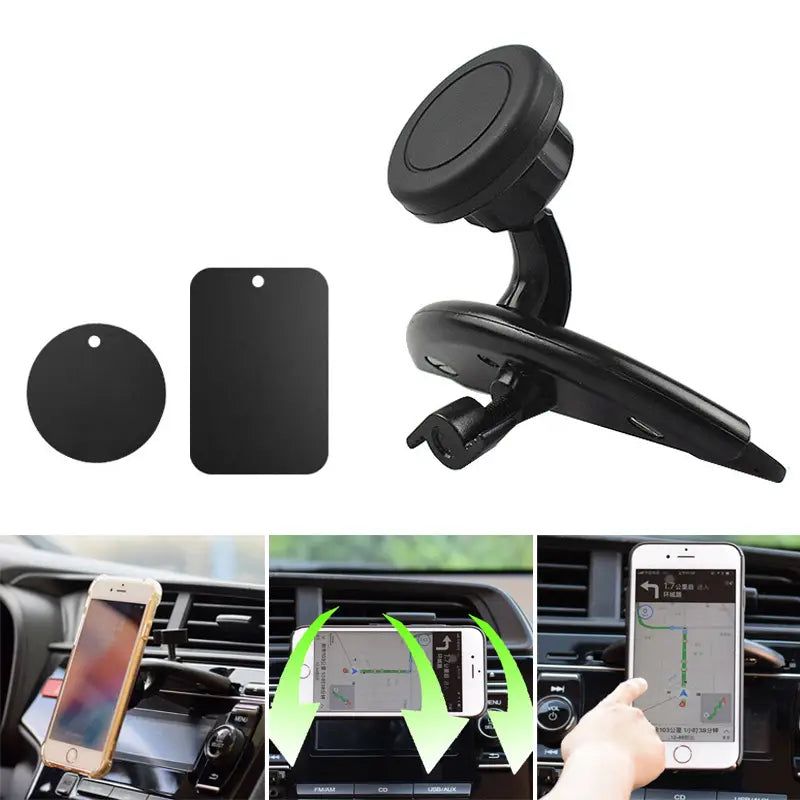 black magnetic cd slot car phone mount with adjustable clip and suction cup base for mini gps and iphone devices