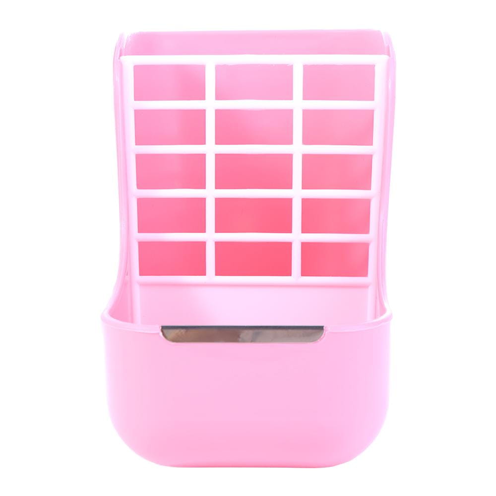 Pink plastic rabbit hay feeder featuring a grid pattern hay rack with a small food bowl compartment at the bottom for small animals.