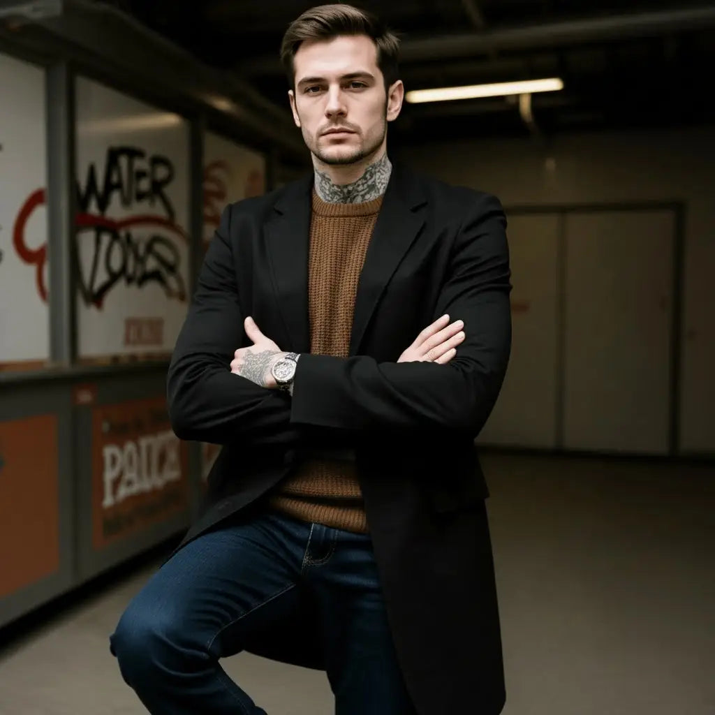 Un homme portant un manteau d’hiver en laine à simple boutonnage noir par-dessus un pull en tricot marron et un jean bleu