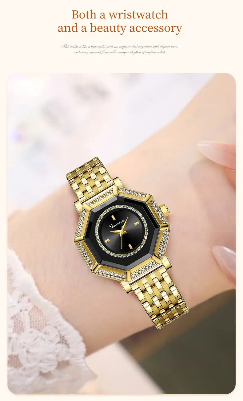 Gold-toned geometric rhinestone quartz watch with a black dial stainless steel mesh bracelet and diamond accents on the bezel.