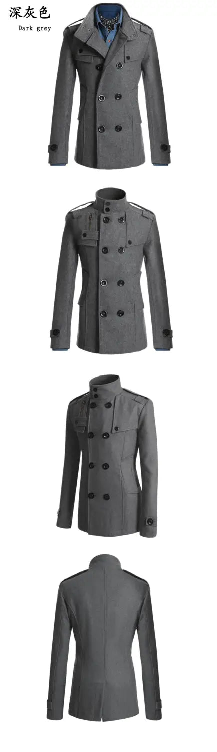 Dark grey double breasted warm woolen coat for men featuring epaulets and buttoned cuffs.