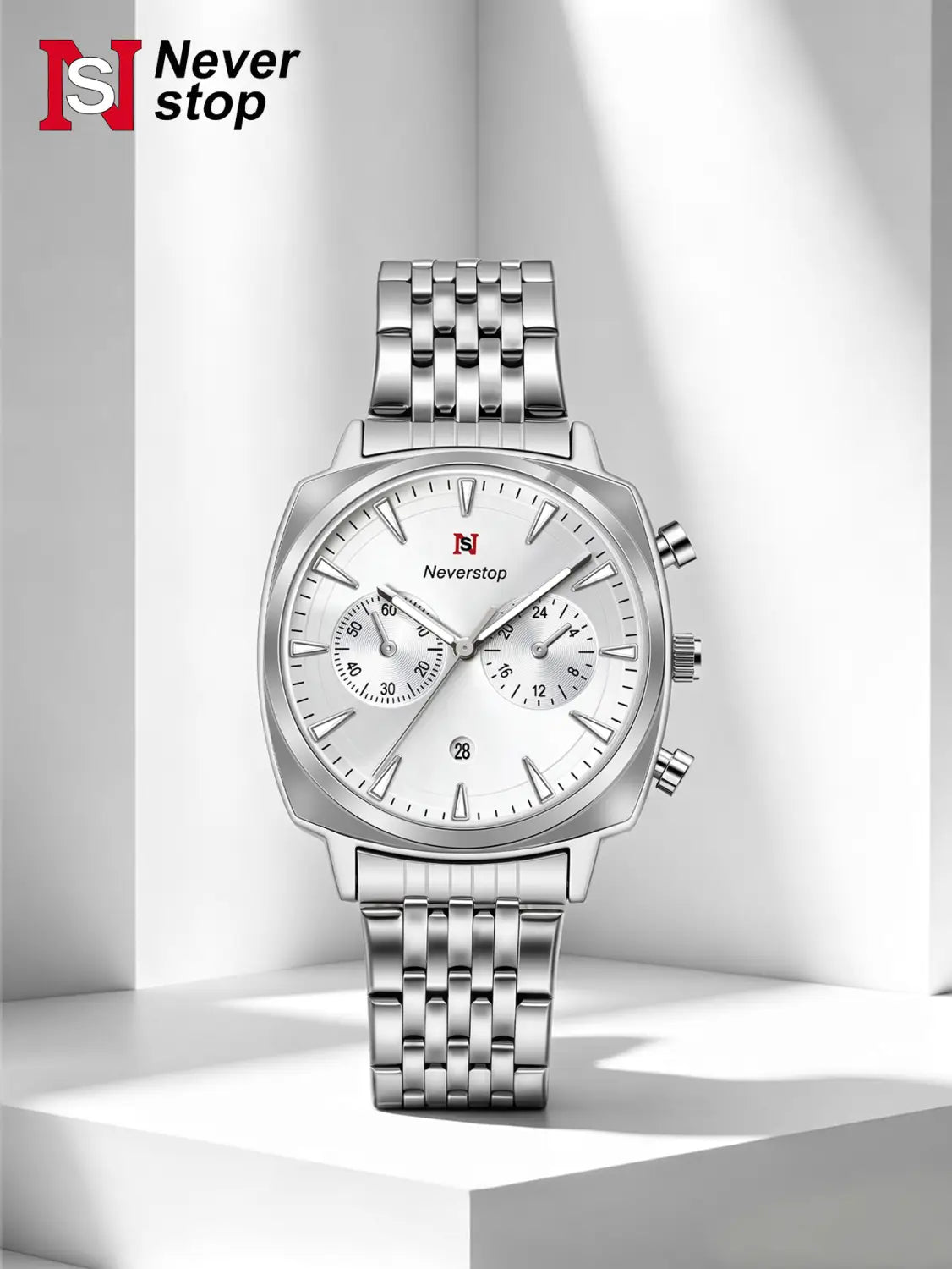 Men’s stainless steel chronograph watch in silver with a white dial featuring three sub-dials and the neverstop brand logo.