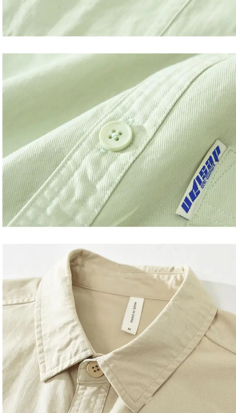 Camisas de vestir casual para hombre de un solo color, de manga larga, con diseño en verde claro y beige, confeccionadas en algodón, con un tejido ligeramente texturizado, botones blancos y etiquetas de marca.