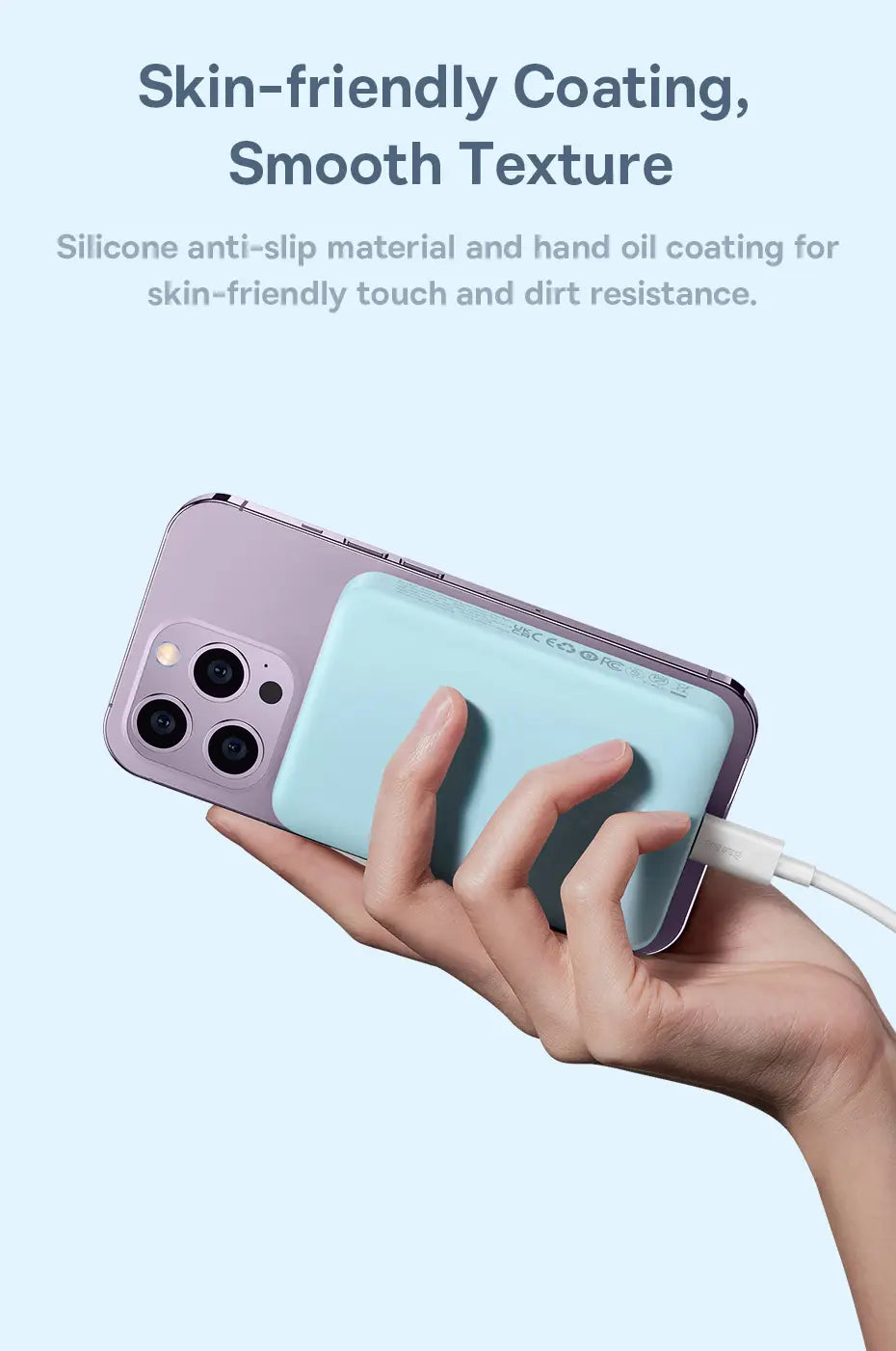Light blue silicone Baseus magnetic power bank with a smooth skin-friendly coating and anti-slip texture designed for efficient wireless charging and high energy conversion rate.