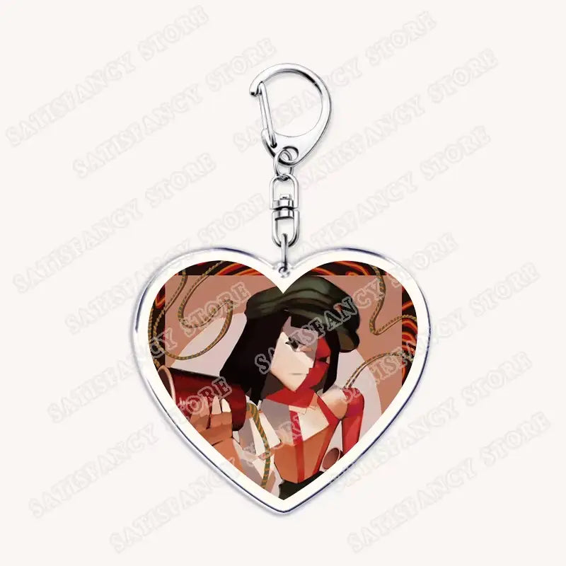 Herzförmiger Anime-Herz-Acryl-Schlüsselanhänger mit silberfarbenem Metallrahmen und Clip mit einem illustrierten Anime-Charakter in roter und schwarzer Kleidung auf einem warmtonigen Hintergrund, gestaltet als Geschenk für Gamer.