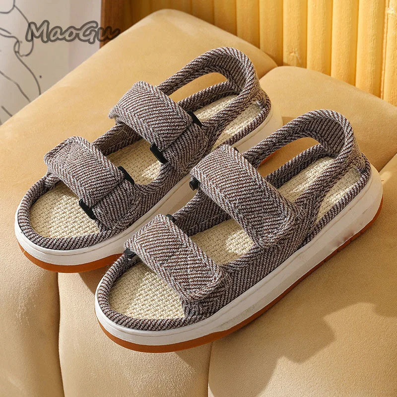 Maogu striped canvas walking sandals feature gray herringbone-patterned canvas with black velcro straps and a white rubber sole.