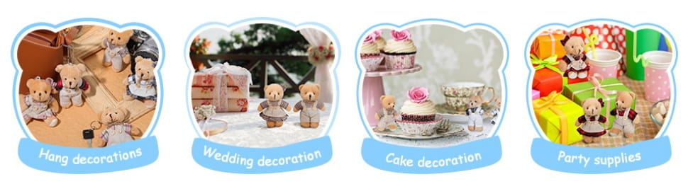 Mignonnes figurines décoratives en peluche beige représentant un mini ourson, habillées de petites tenues, disposées comme éléments décoratifs charmants pour les gâteaux de mariage et les articles de fête dans un coffret cadeau de baby shower mini-ours