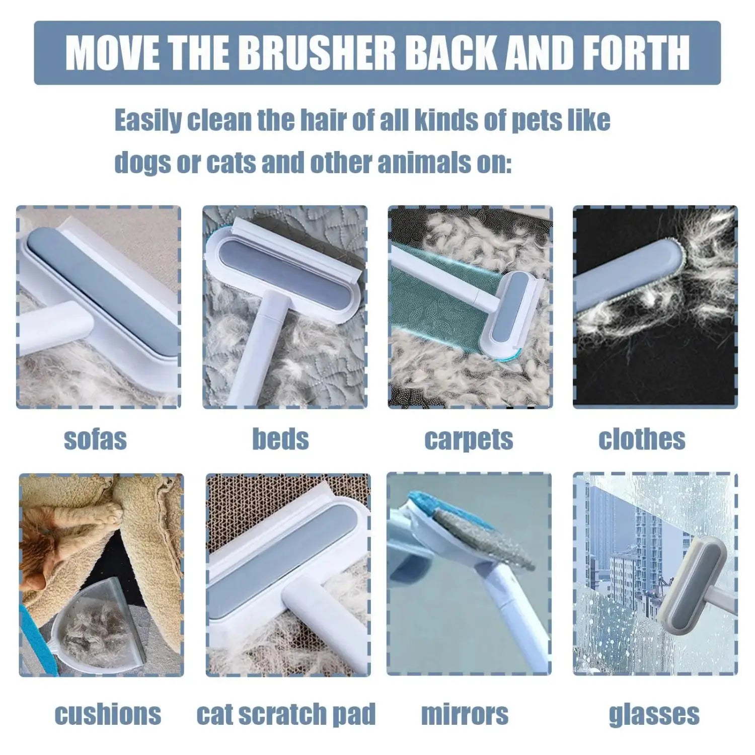 white and light blue reusable pet hair remover brush with a soft bristle head designed for removing pet hair from furniture and carpets
