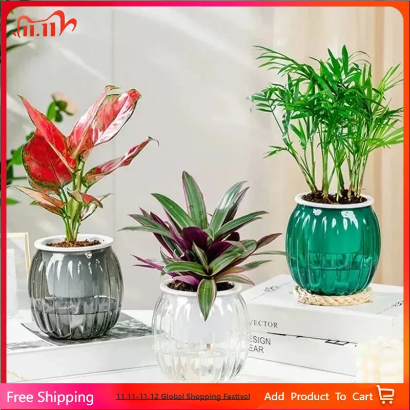6pcs Self Watering Planter Pots Flowerpot Mini Round Design Succulent Plant Pot Indoor Lazy Flower Pot Garden Modern Decorative