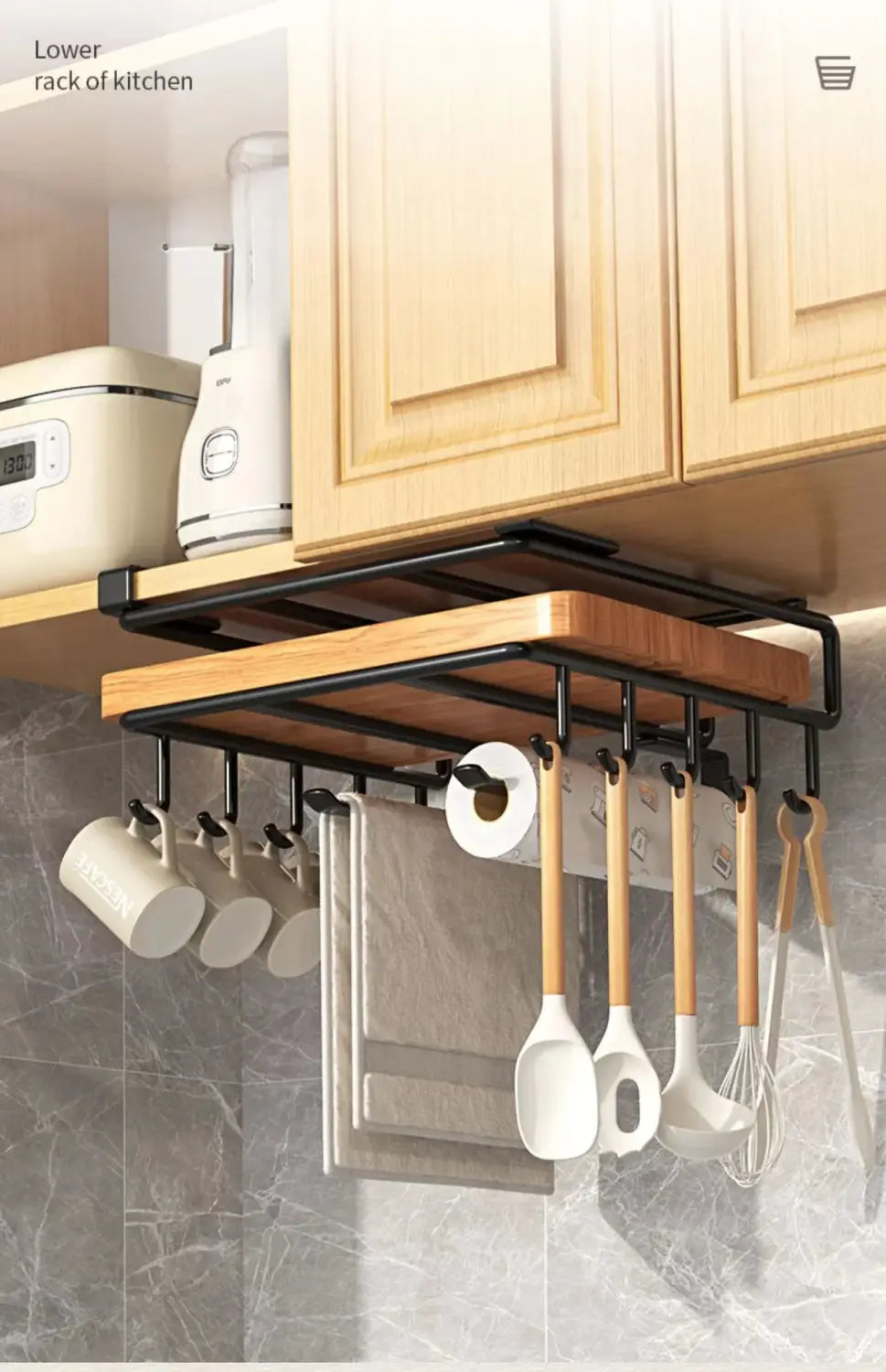 wooden and black metal under shelf basket storage rack with hanging hooks for mugs spatulas and utensils for kitchen organization