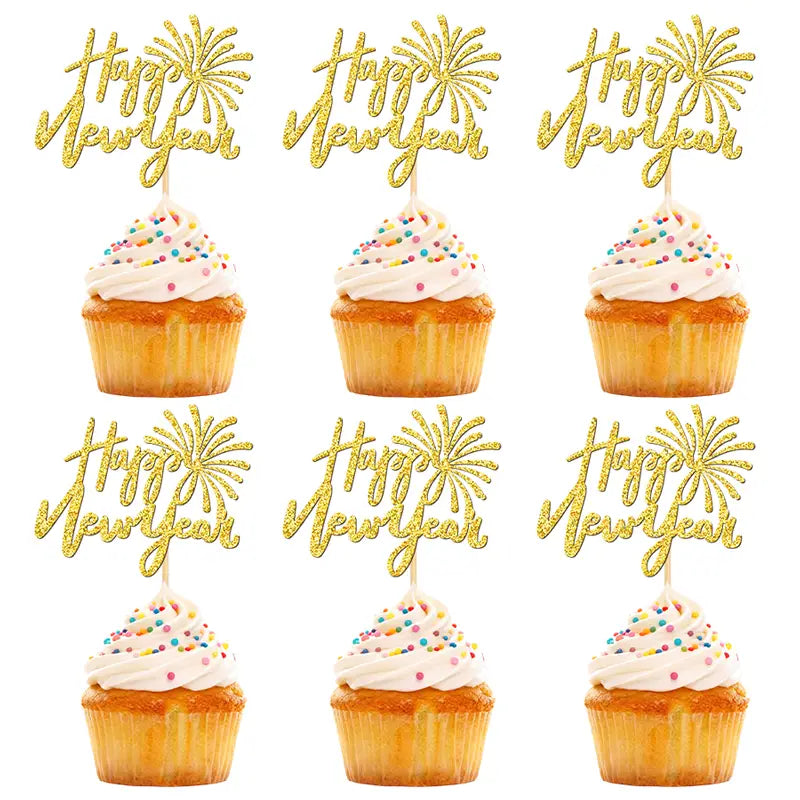 Goldglitzer-Neujahr-Cupcake-Topper mit Feuerwerksdesign, mit 24 Stück für festliche Dekoration bei der Feier.