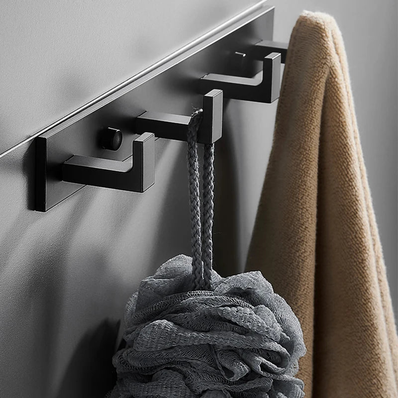 Bathroom Space Robe Hook Wall Mounted Aluminum Clothes Coat Hook Wall Hanger Black Brushed Golden Bathroom Accessories 3-6 Hooks