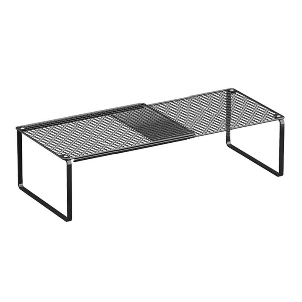 Organisateur d’étagère d’armoire empilable réglable en treillis de métal noir et en acier au carbone, avec compartiment coulissant pour un rangement efficace.
