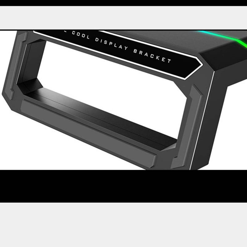 Support d’affichage noir angulaire avec éclairage d’accent LED vert lumineux le long de son bord, pour un support de moniteur RGB avec station d’accueil USB et tiroir de rangement