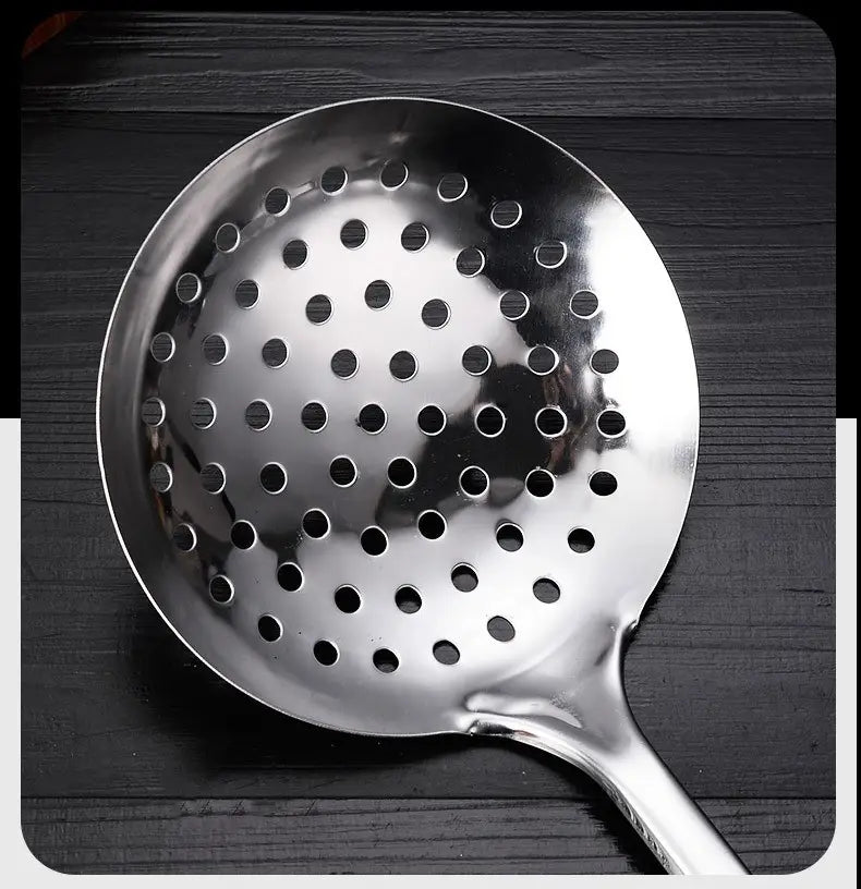 Shiny stainless steel slotted spoon with a long handle and evenly spaced circular holes included in a stainless steel kitchen utensil set 9-piece cooking tools.