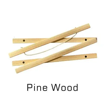 light-colored pine wood sticks with natural grain and small holes drilled along their length part of a teak wood magnetic photo frame poster hanger