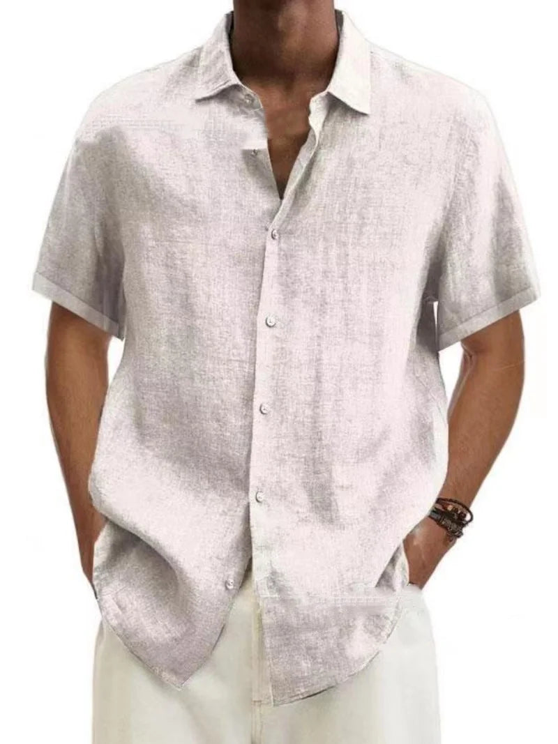 Light gray men’s linen blend casual short sleeve shirt with a subtle textured weave and classic collar.